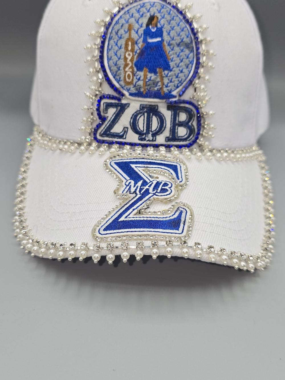 Zeta Phi Beta White & Royal Blue Rhinestone Cap